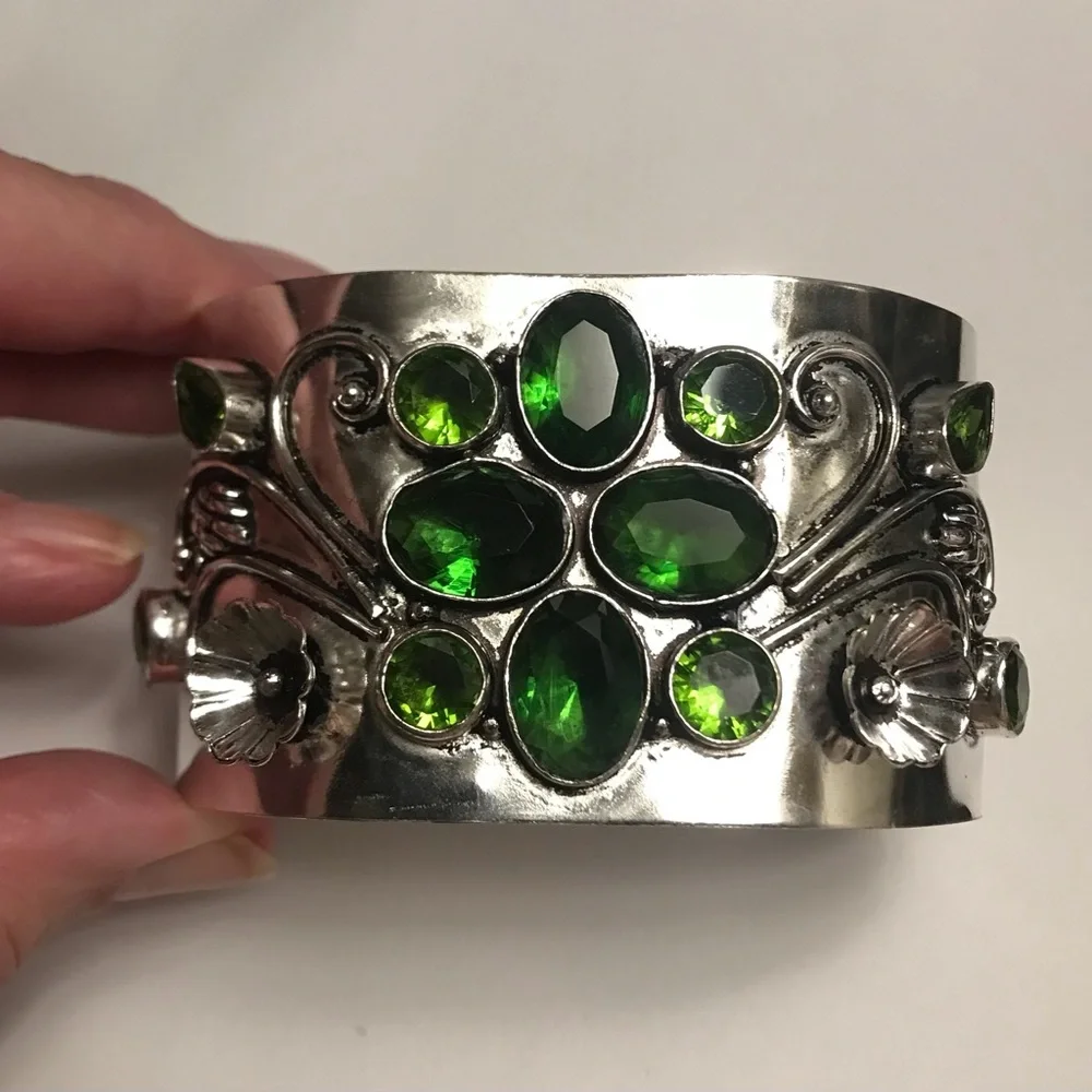 Peridot Stamped Solid 925 Sterling Silver Cuff Bracelet